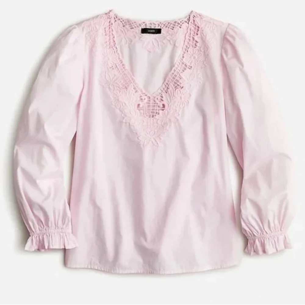 J. Crew Light Pink Lace-Trim V-Neck Blouse